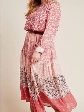 Anthropologie Pink Patterned Tiered Maxi Dress